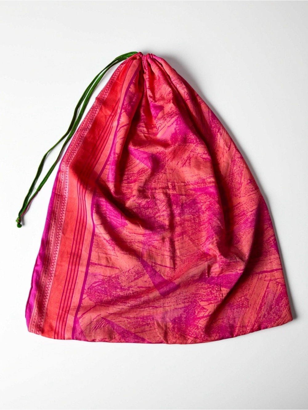 Pink-Orange Drawstring Tote Bag w green Accent - 25x19.5